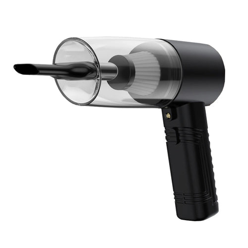 Handheld mini car vacuum cleaner with clear nozzle and black grip, dual-purpose design