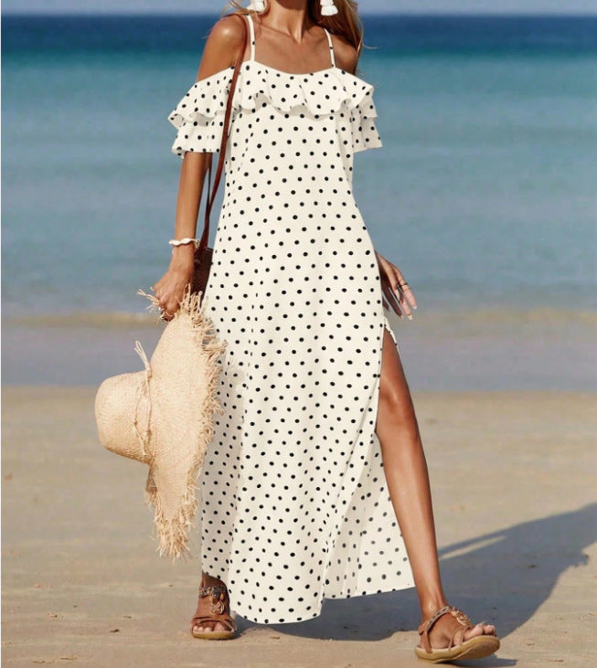 Summer Off-the-Shoulder French-style Polka Dot Dress For Women