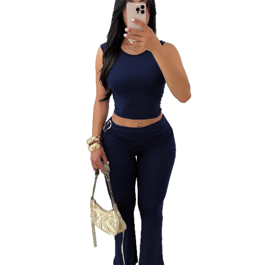 Womens Solid-Colored Sleeveless Top And Bodycon Hip-Hugging Pants Set