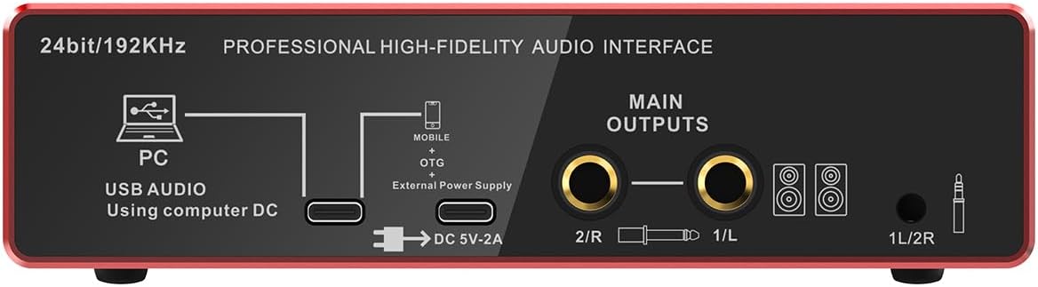 Audio Interface, 2X2 24-bit/192kHz Interface for High-Fidelity, Studio Quality PC/Mac/iOS Recording, XLR/TRS Combo Input, Monitor Mix/Loopback Function, One-Cable Setup(Alloy Red)