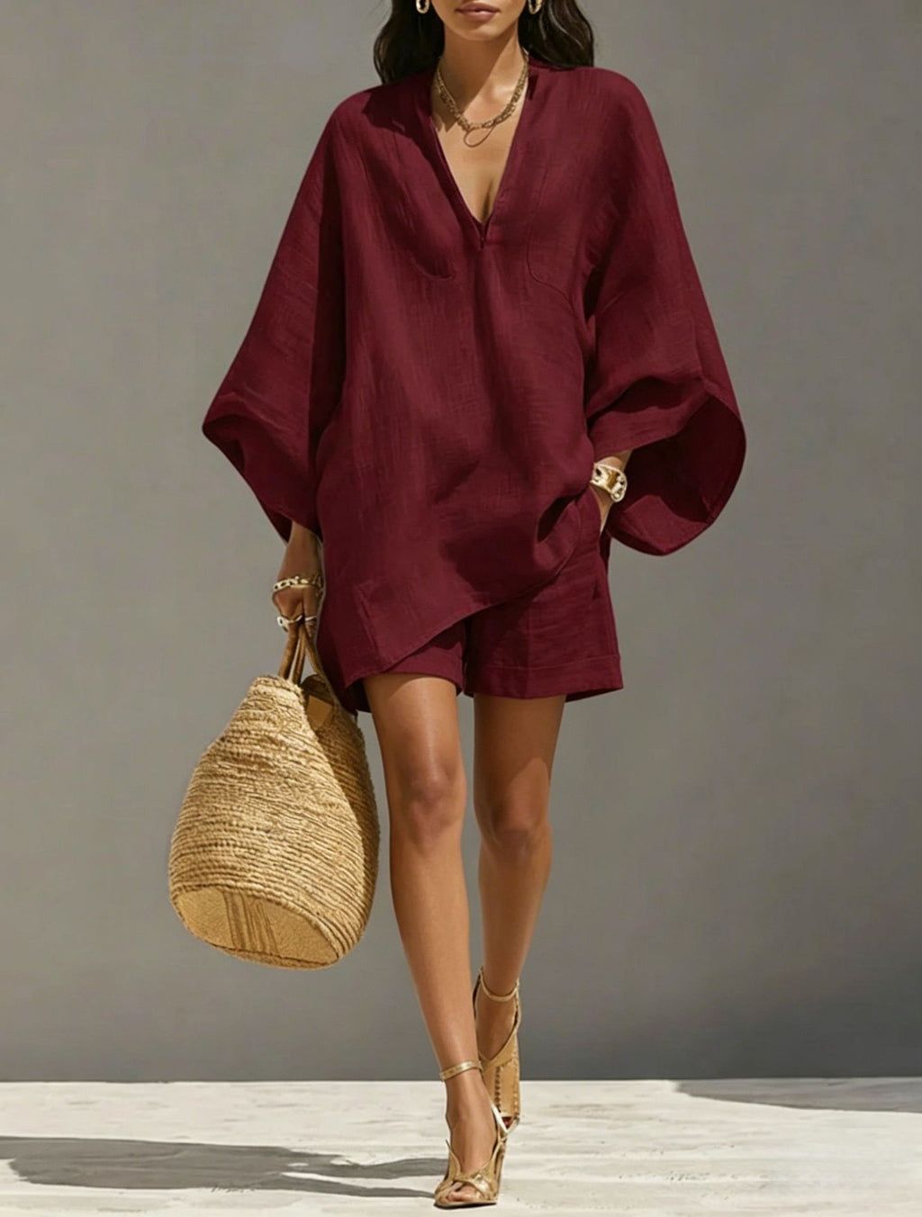 Design Batwing-sleeve V-neck Loose-fit Set