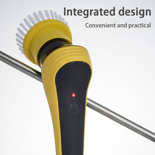 Electric cleaning brush with yellow bristle head and black handle, adjustable pole