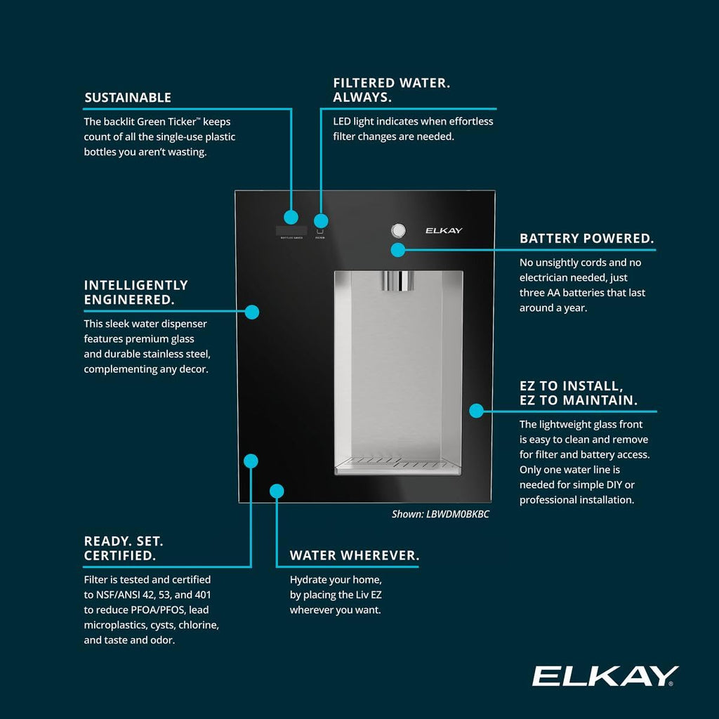 Elkay Liv EZ Built-in Filtered Wall-Mount Water Dispenser – Battery Powered, NSF Certified, Push Button, Reduces Lead & PFAS, Steel Gray – Ideal for Home