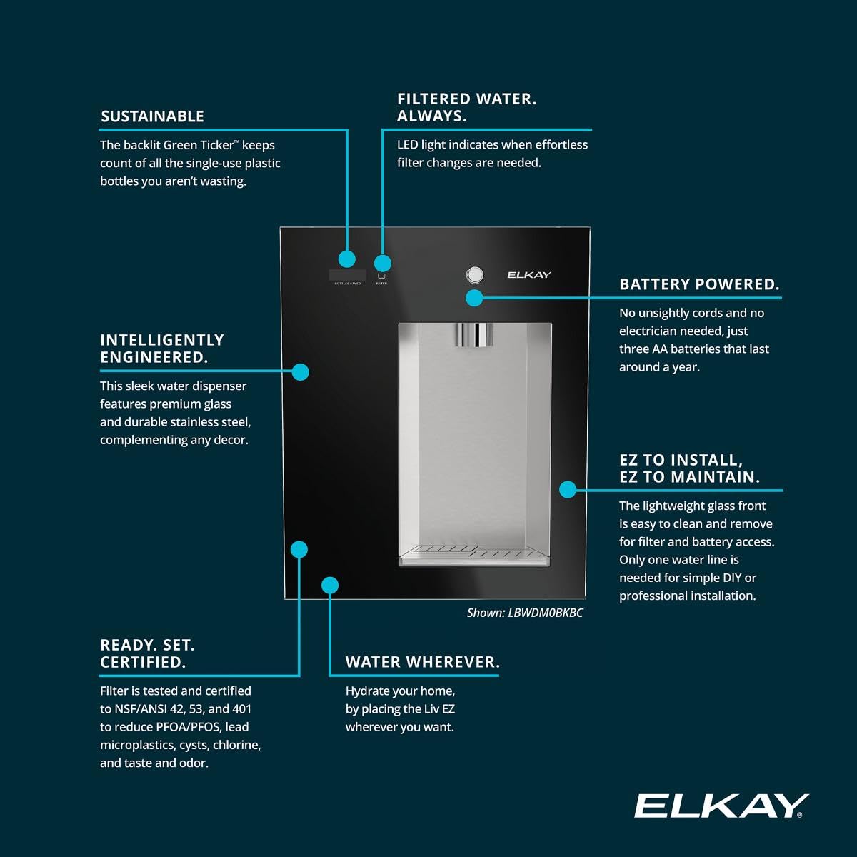 Elkay Liv EZ Built-in Filtered Wall-Mount Water Dispenser – Battery Powered, NSF Certified, Push Button, Reduces Lead & PFAS, Steel Gray – Ideal for Home