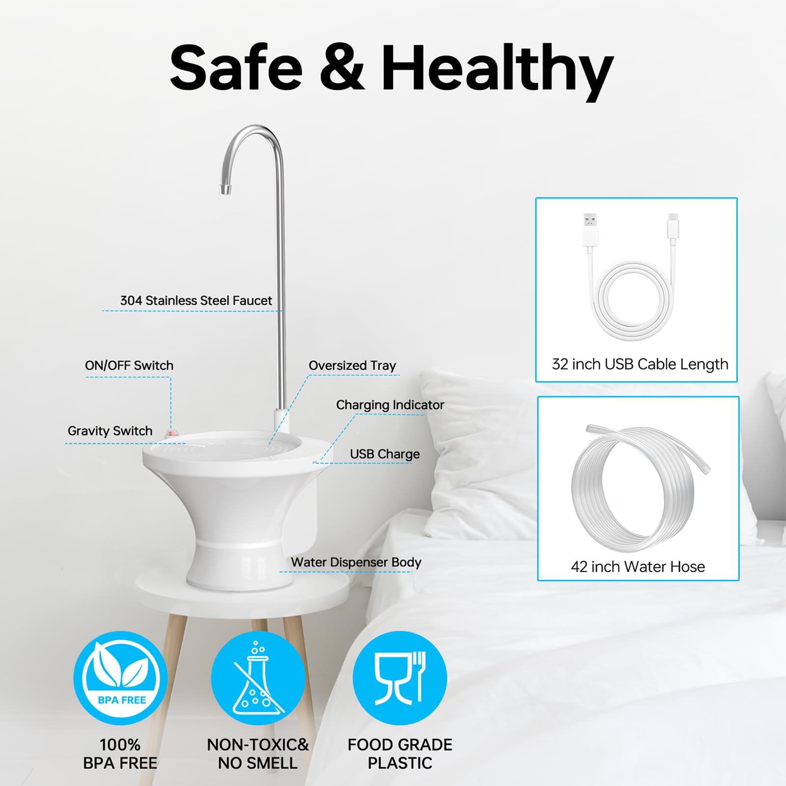 Water Dispenser for 5 Gallon Bottle, Electric Drinking Water Bottle Pump for 2-5 Gallon Jugs, USB Rechargeable Water Pump with 2 Switch Control for Home, Office, Camping