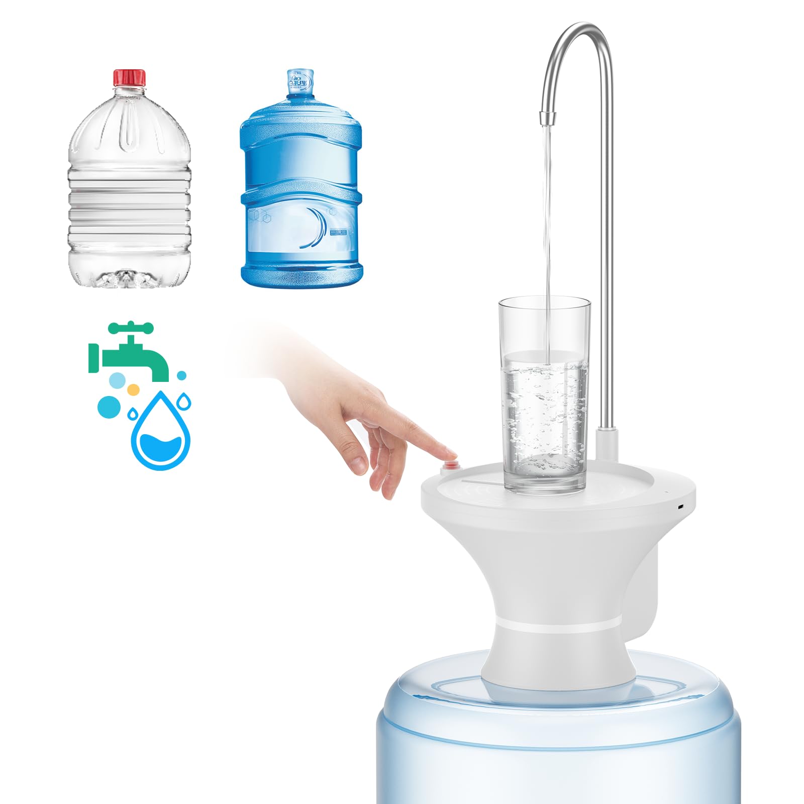 Water Dispenser for 5 Gallon Bottle, Electric Drinking Water Bottle Pump for 2-5 Gallon Jugs, USB Rechargeable Water Pump with 2 Switch Control for Home, Office, Camping