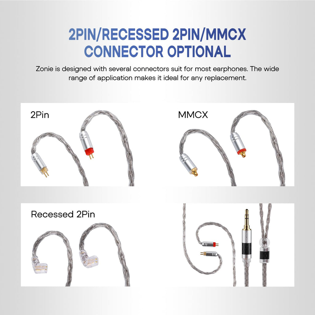 Linsoul Tripowin Zonie IEM Cable, 16 Core Silver Plated Earphone Upgraded Cords, 1.25m SPC in Ear Monitor Cable for 7hz Zero:2 Orchestra Lite Cadenza Hype4 Supermix4(2pin 0.78mm, 4.4mm)(Grey)