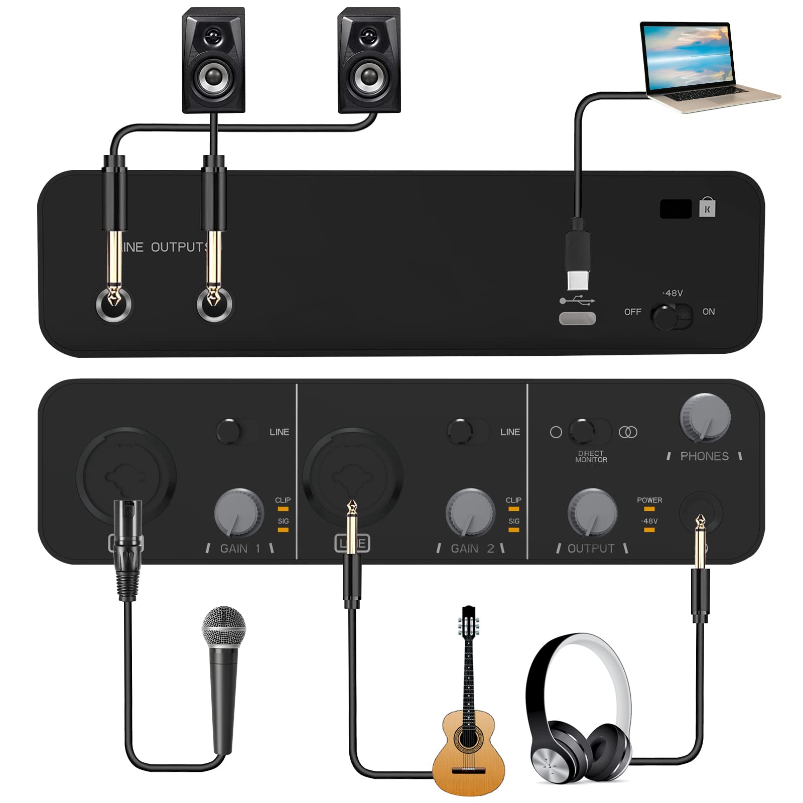 Wrugste USB Audio Interface Solo(24Bit/192kHz)+48V Phantom Power for Computer Recording Podcasting and Streaming Plug and Play Noise-Free Wrugste XLR Audio Interface for PC No Software Included