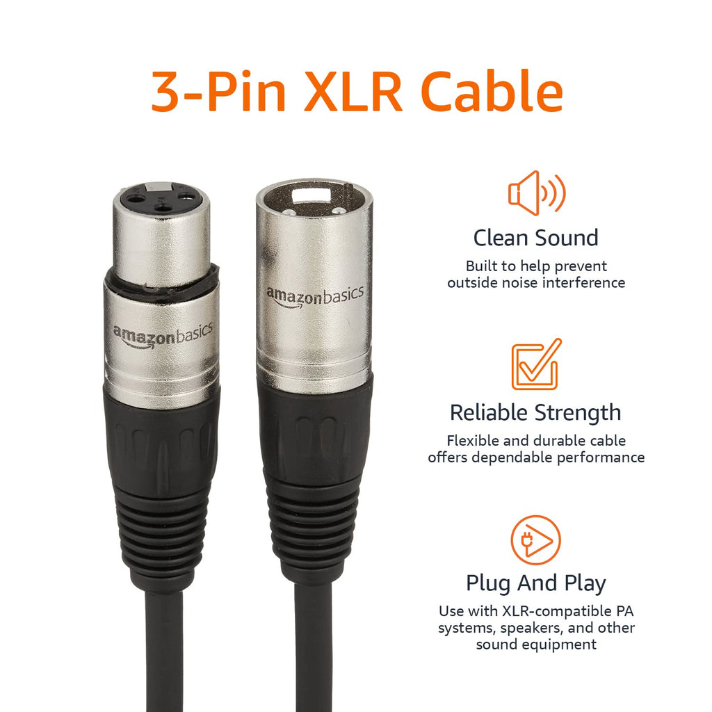 Amazon Basics XLR Male to Female Microphone Cable for Speaker or PA System, Recording Studio, All Copper Conductors, Low Noise Shielding, 6MM PVC Jacket, 6 Foot, Black