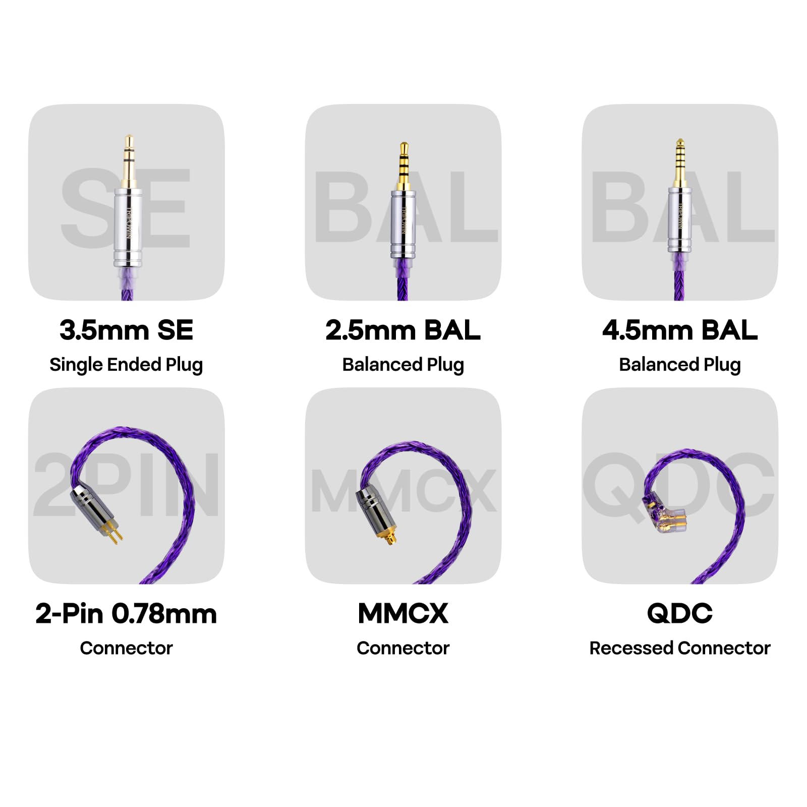 Linsoul Tripowin Zonie IEM Cable, 16 Core Silver Plated Earphone Upgraded Cords, 1.25m SPC in Ear Monitor Cable for 7hz Zero:2 Orchestra Lite Cadenza Hype4 Supermix4(2pin 0.78mm, 4.4mm)(Grey)