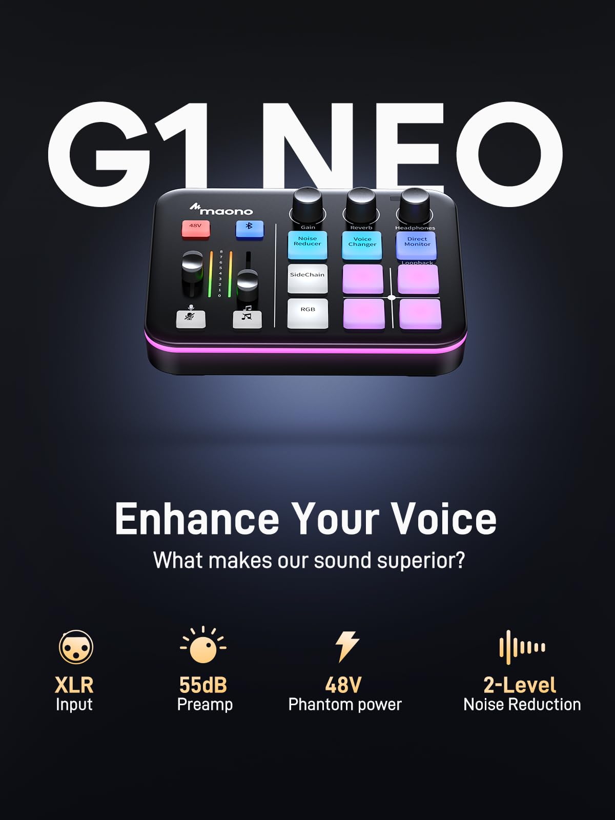 MAONO Gaming Audio Mixer, Audio Interface with Pro-preamp, RGB, Bluetooth, 48V Phantom Power for Live Streaming, Podcasting, Content Create, Gaming MaonoCaster G1 NEO (Not for USB Mic)
