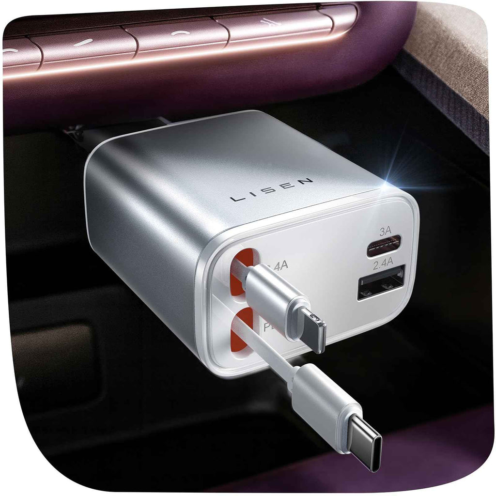 LISEN Retractable Car Charger, Gifts for Mothers Day 2026, 84W Car Charger USB C Fast Charge, Gifts for Mom Dad Him Her, Travel Essentials Car Accessories for Men Women Gifts for iPhone 17 16 15 14 13