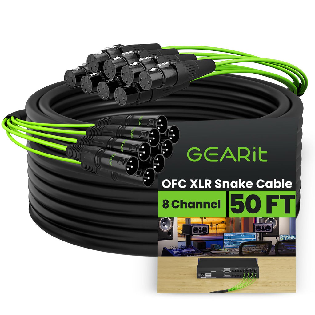 GearIT 8-Channel XLR Snake Cable (50 ft) - 100% Oxygen-Free Copper Snake Wire, Channel Labels, Metal XLR Connectors for Pro Audio - 50 Feet