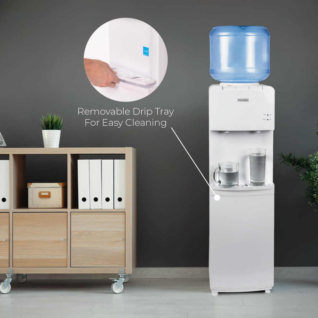 Igloo Top Loading Water Cooler with Removable Drip Tray & Energy-Saving Features- Water Tower with Hot & Cold Temperature Settings- Water Dispenser Fits 3 & 5-Gallon Jugs with Child Safety Lock- White