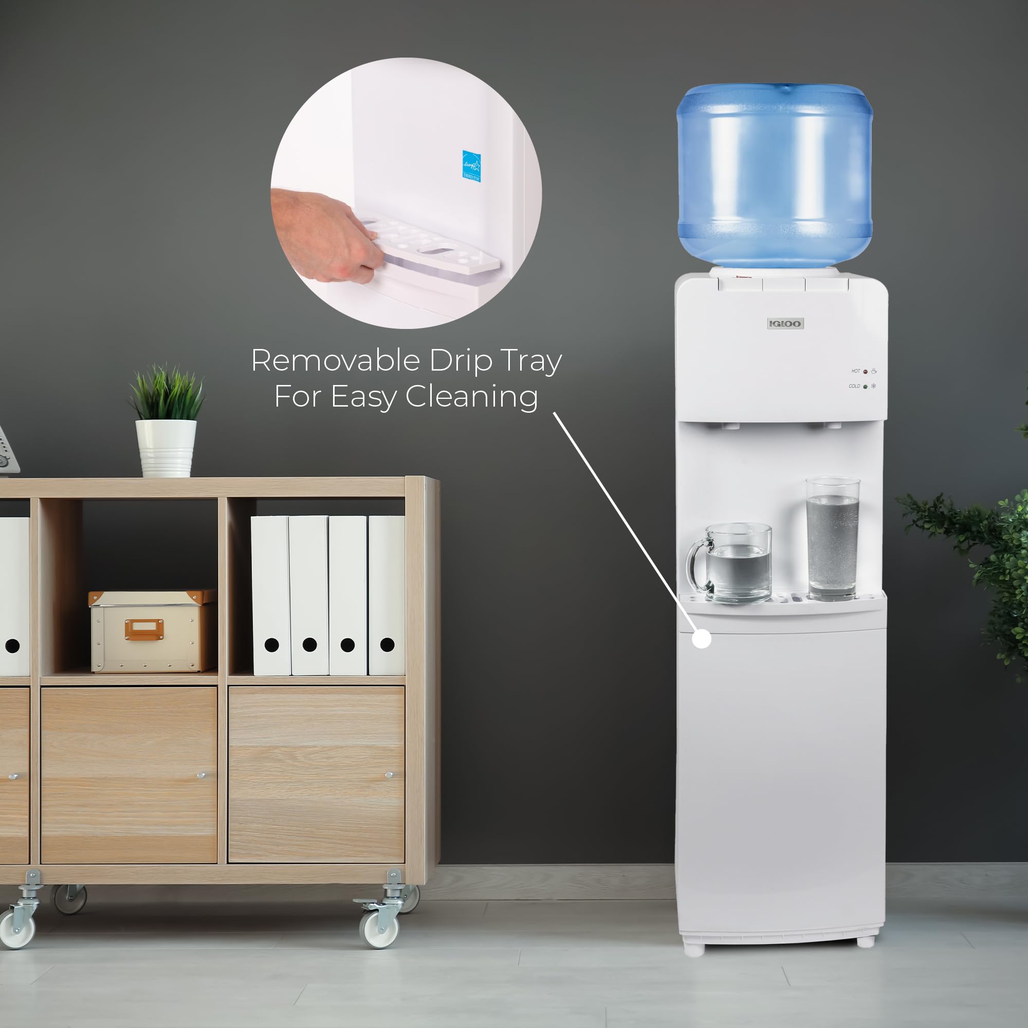 Igloo Top Loading Water Cooler with Removable Drip Tray & Energy-Saving Features- Water Tower with Hot & Cold Temperature Settings- Water Dispenser Fits 3 & 5-Gallon Jugs with Child Safety Lock- White