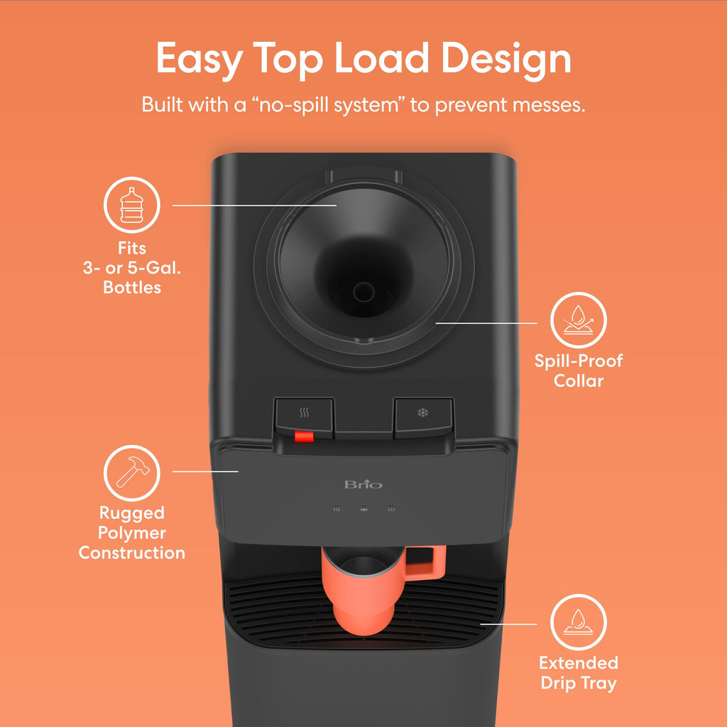 Brio 130 Series Top-Load Water Cooler Dispenser for 3- and 5-Gallon Bottles, Hot & Cold, Spill-Free Loading, Child Safety Lock, Energy Star 3.0, Black