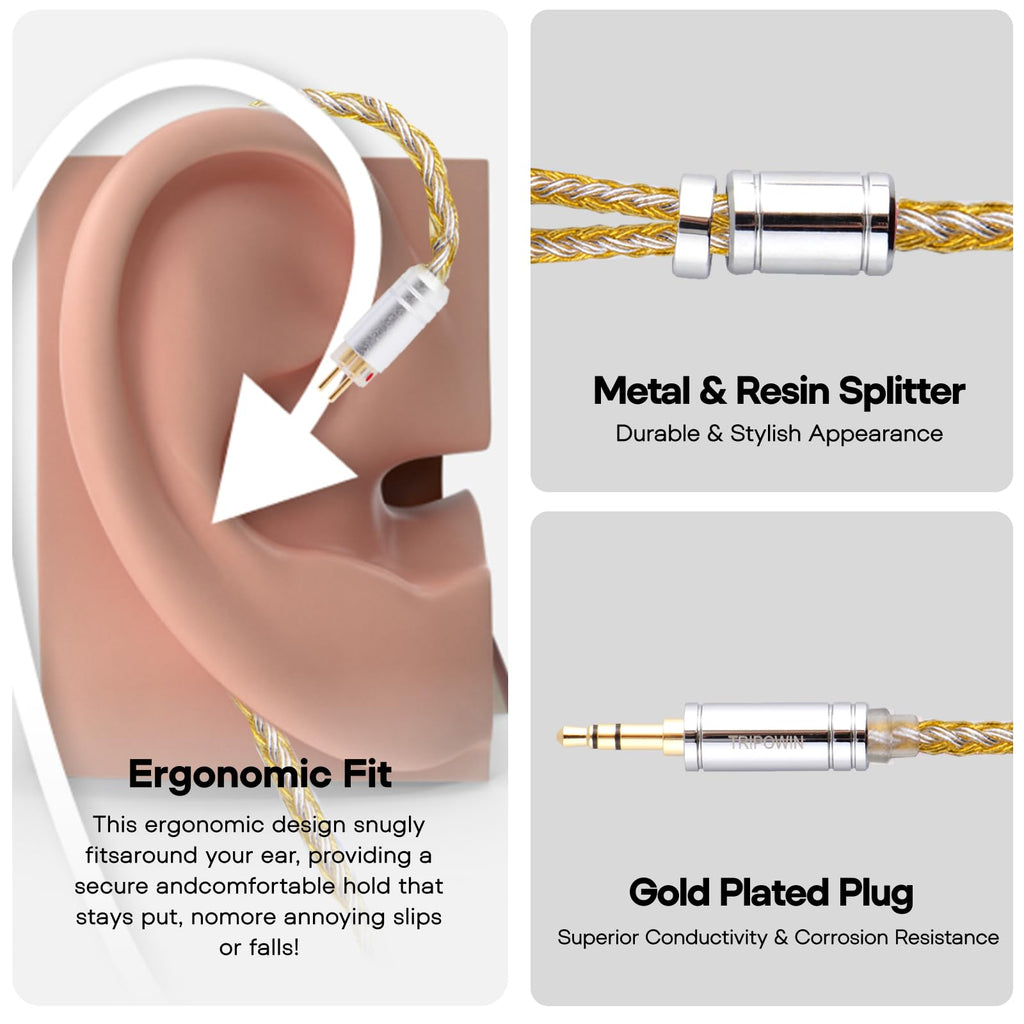 Linsoul Tripowin Zonie IEM Cable, 16 Core Silver Plated Earphone Upgraded Cords, 1.25m SPC in Ear Monitor Cable for 7hz Zero:2 Orchestra Lite Cadenza Hype4 Supermix4(2pin 0.78mm, 4.4mm)(Grey)
