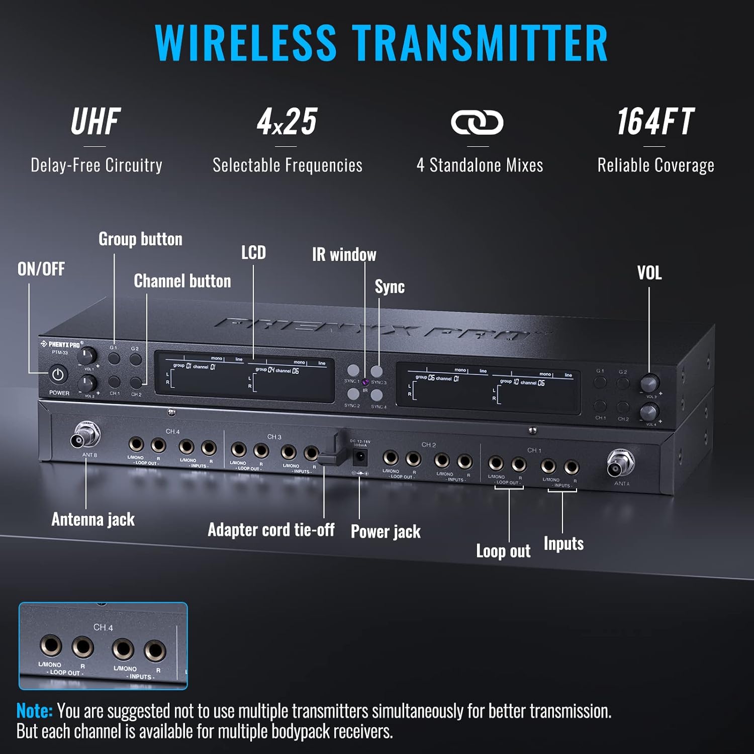 Phenyx Pro Quad-Channel Wireless in Ear Monitor System, Mono IEM System w/ 4 Bodypacks, 4x25 UHF Frequencies, Rack Mount, 164 ft Range, Wireless in Ear Monitor for Bands/Studio (PTM-33-4B)