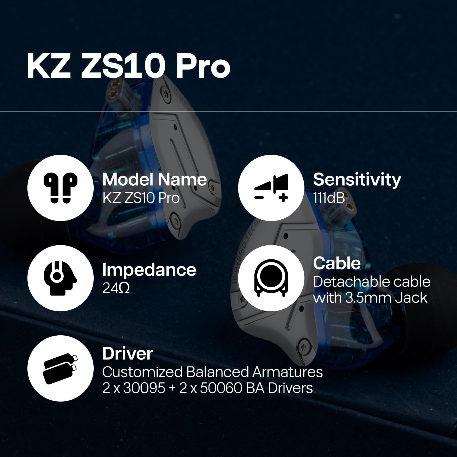 Linsoul KZ ZS10 Pro, 4BA+1DD 5 Driver in Ear Monitor, HiFi Wired Earbuds, Gaming Earbuds, Hybrid IEM Earphones with Stainless Steel Faceplate, Detachable Cable for Musician(Without Mic, Dark Black)