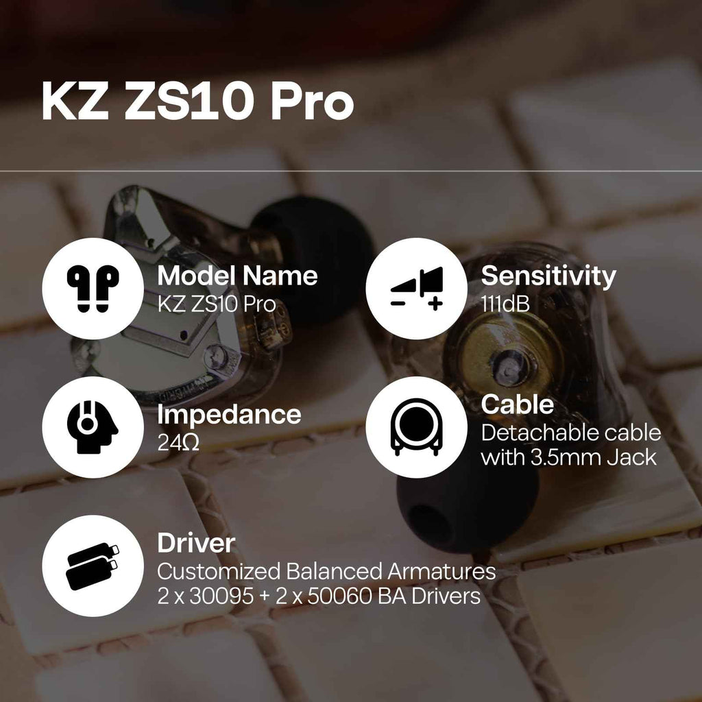 Linsoul KZ ZS10 Pro, 4BA+1DD 5 Driver in Ear Monitor, HiFi Wired Earbuds, Gaming Earbuds, Hybrid IEM Earphones with Stainless Steel Faceplate, Detachable Cable for Musician(Without Mic, Dark Black)
