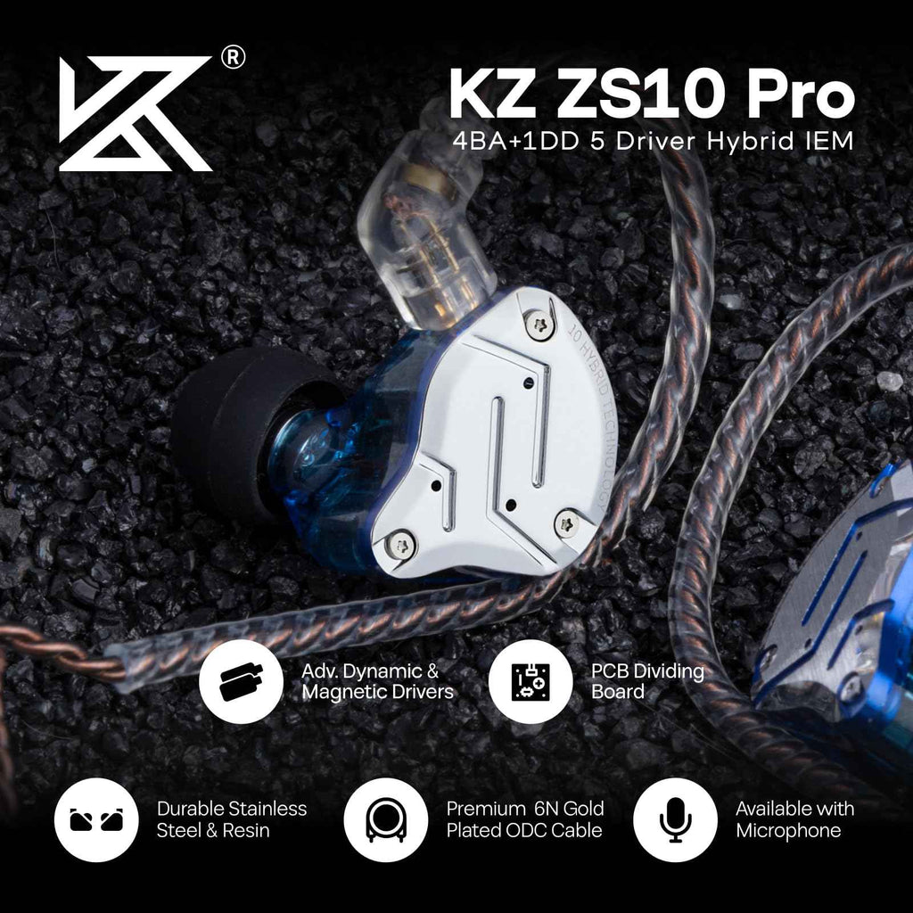 Linsoul KZ ZS10 Pro, 4BA+1DD 5 Driver in Ear Monitor, HiFi Wired Earbuds, Gaming Earbuds, Hybrid IEM Earphones with Stainless Steel Faceplate, Detachable Cable for Musician(Without Mic, Dark Black)