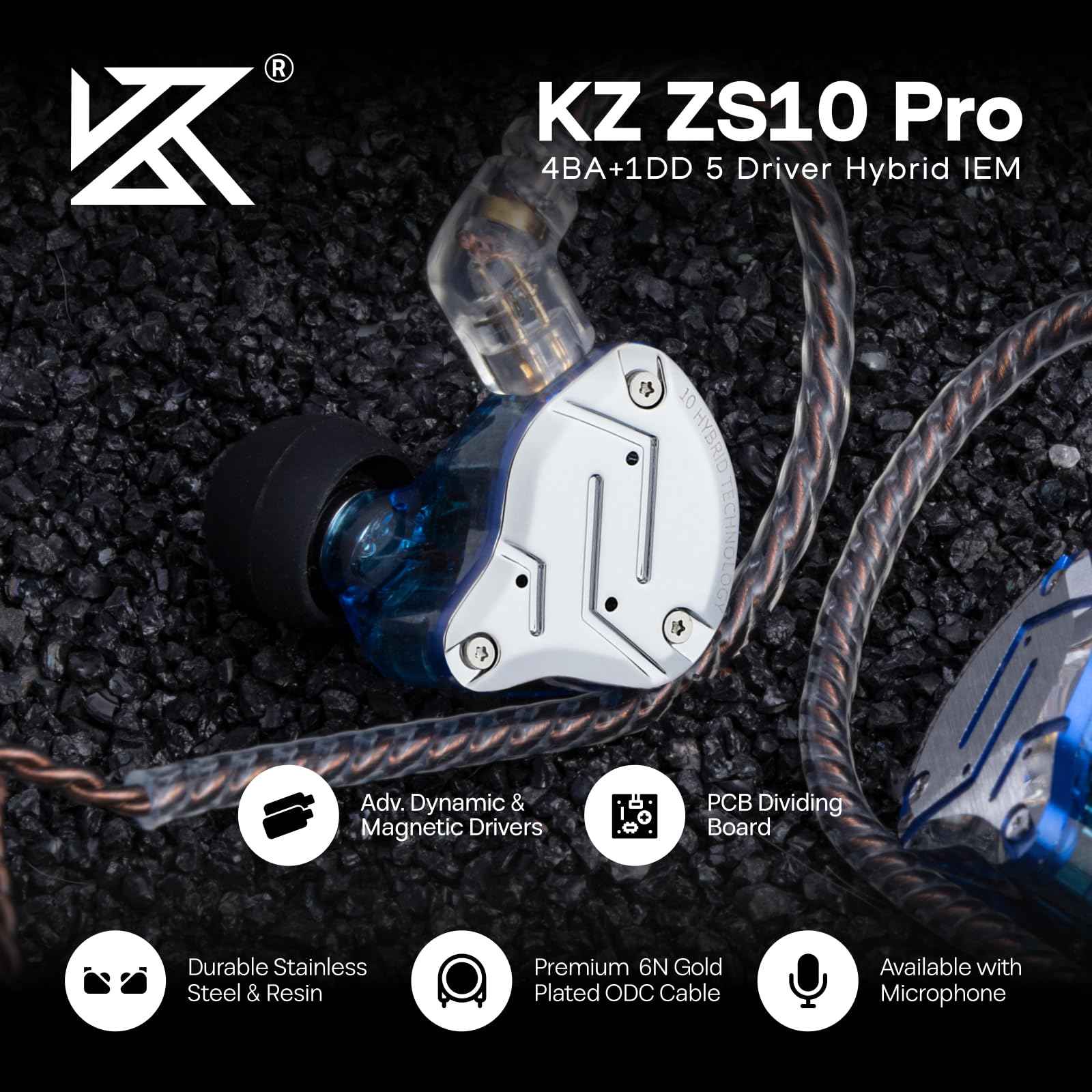 Linsoul KZ ZS10 Pro, 4BA+1DD 5 Driver in Ear Monitor, HiFi Wired Earbuds, Gaming Earbuds, Hybrid IEM Earphones with Stainless Steel Faceplate, Detachable Cable for Musician(Without Mic, Dark Black)