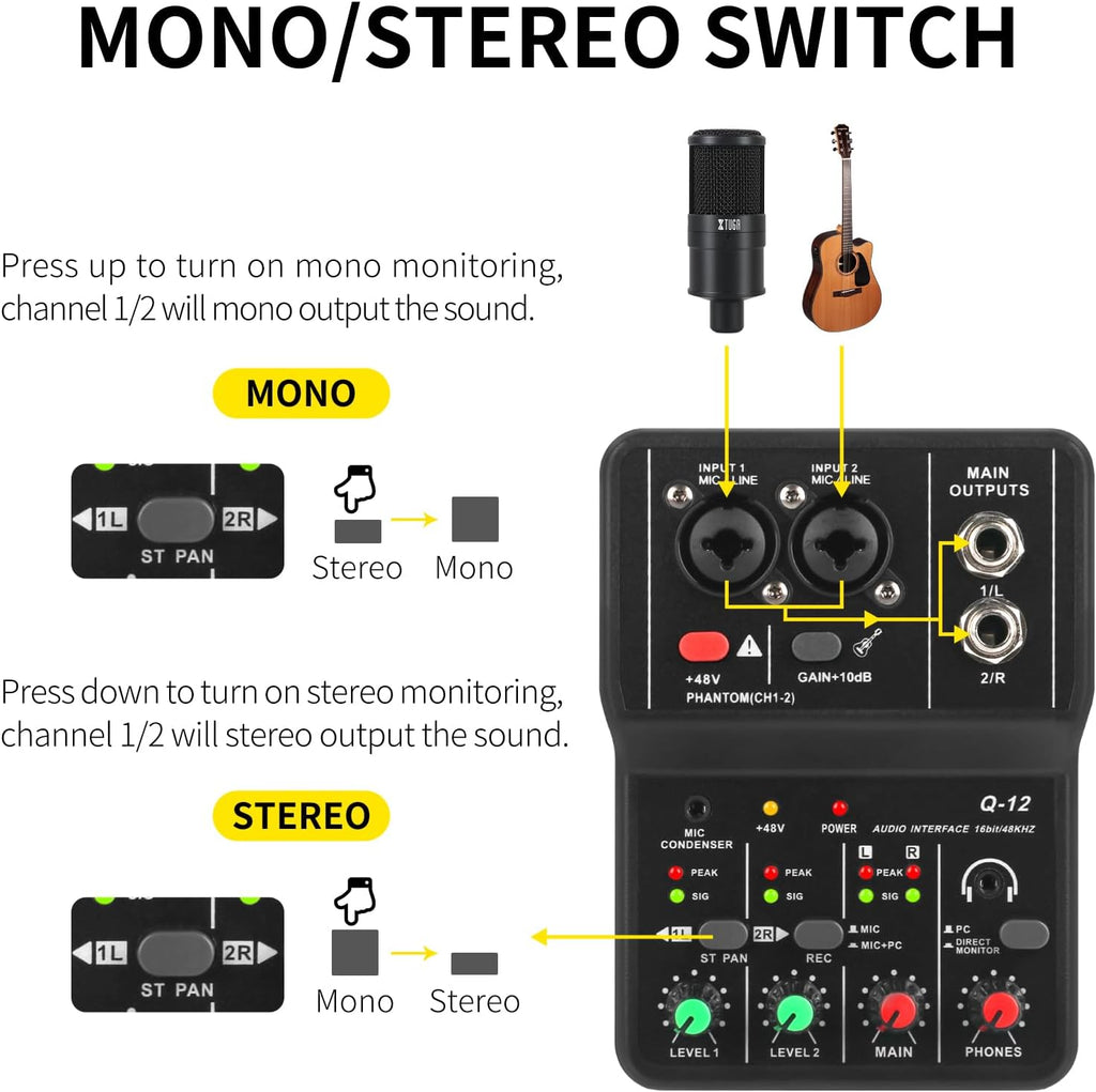 XTUGA USB Audio Interface for PC,Interface for Recording Music Computer Recording Audio Interface XLR with 3.55m Microphone Jack, USB Sound Card for Recording Studio, Ultra-low Latency Plug&Play, Q-12