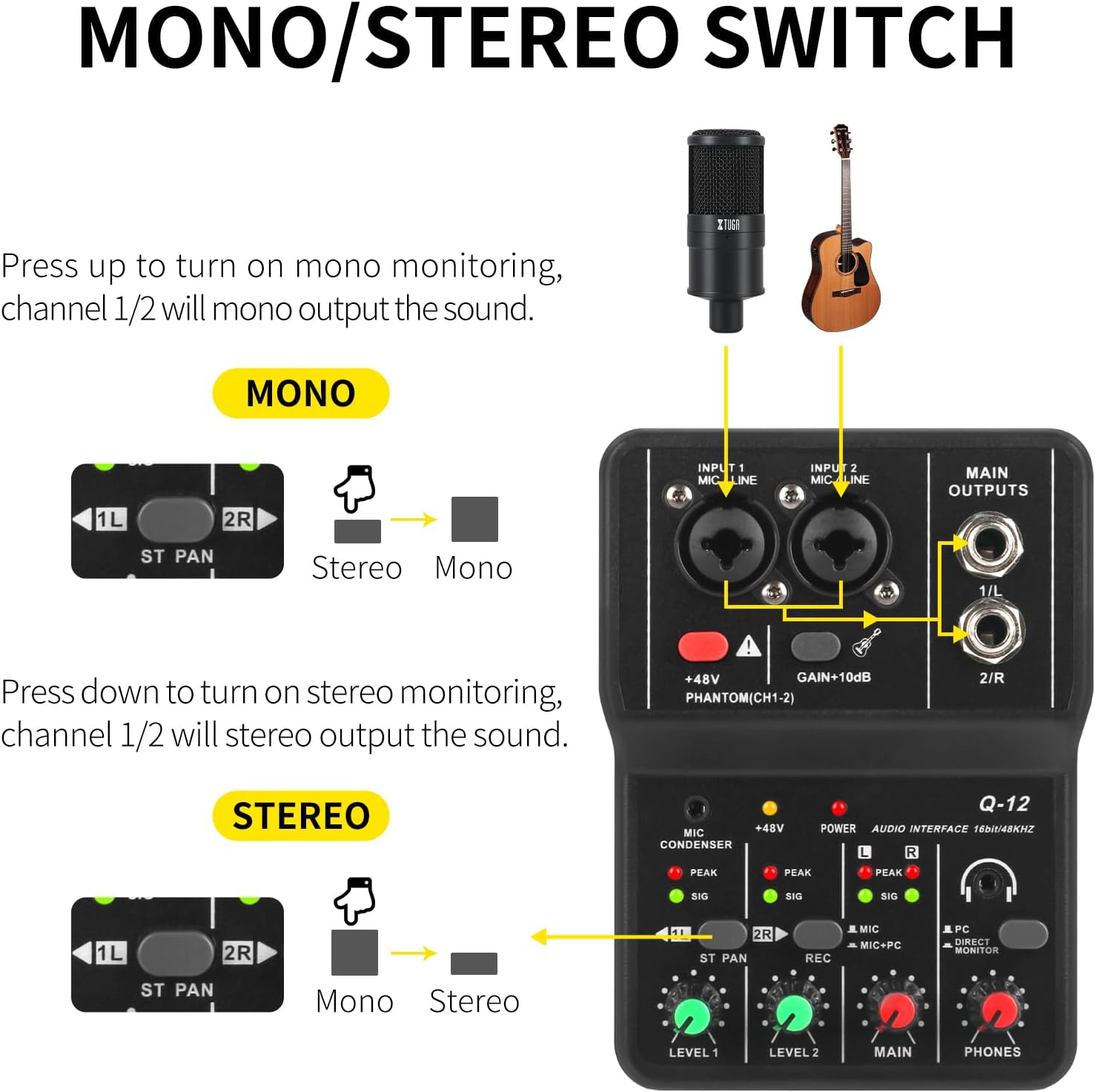 XTUGA USB Audio Interface for PC,Interface for Recording Music Computer Recording Audio Interface XLR with 3.55m Microphone Jack, USB Sound Card for Recording Studio, Ultra-low Latency Plug&Play, Q-12