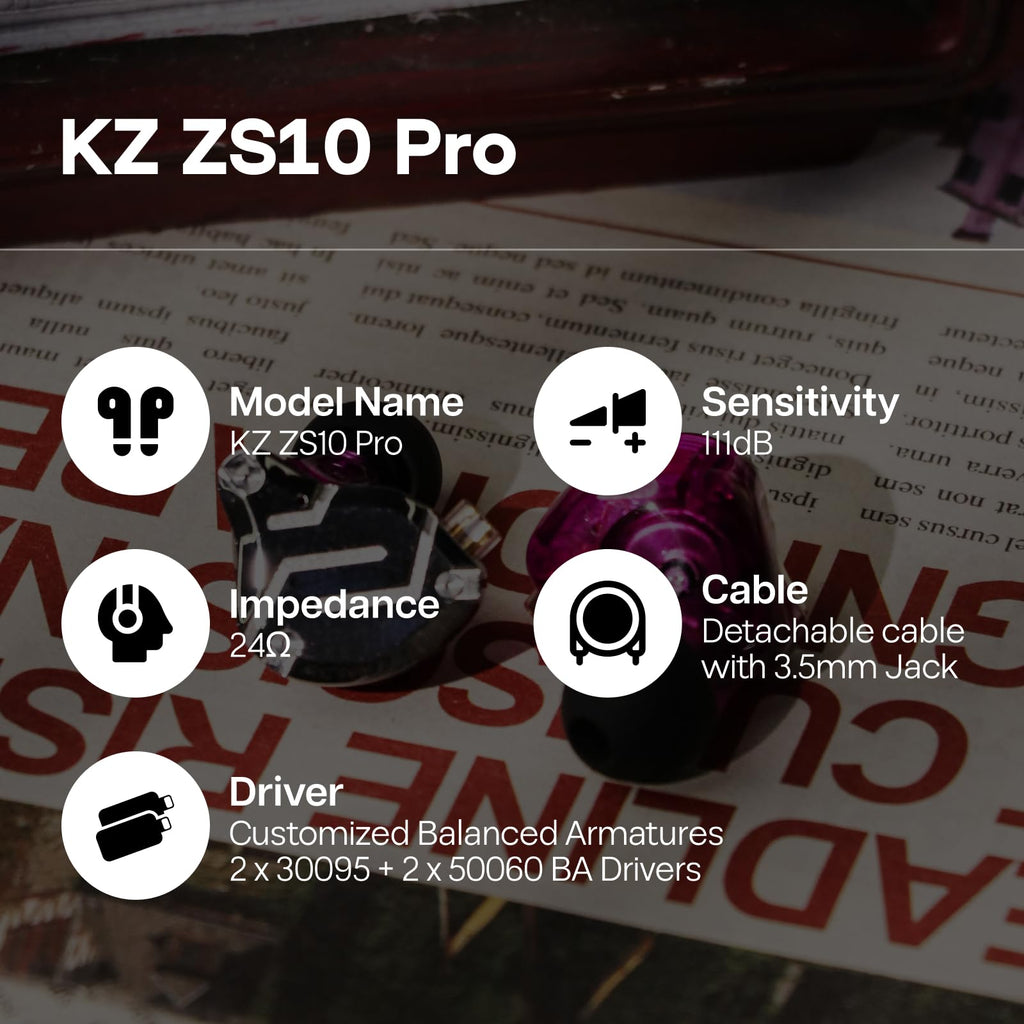 Linsoul KZ ZS10 Pro, 4BA+1DD 5 Driver in Ear Monitor, HiFi Wired Earbuds, Gaming Earbuds, Hybrid IEM Earphones with Stainless Steel Faceplate, Detachable Cable for Musician(Without Mic, Dark Black)