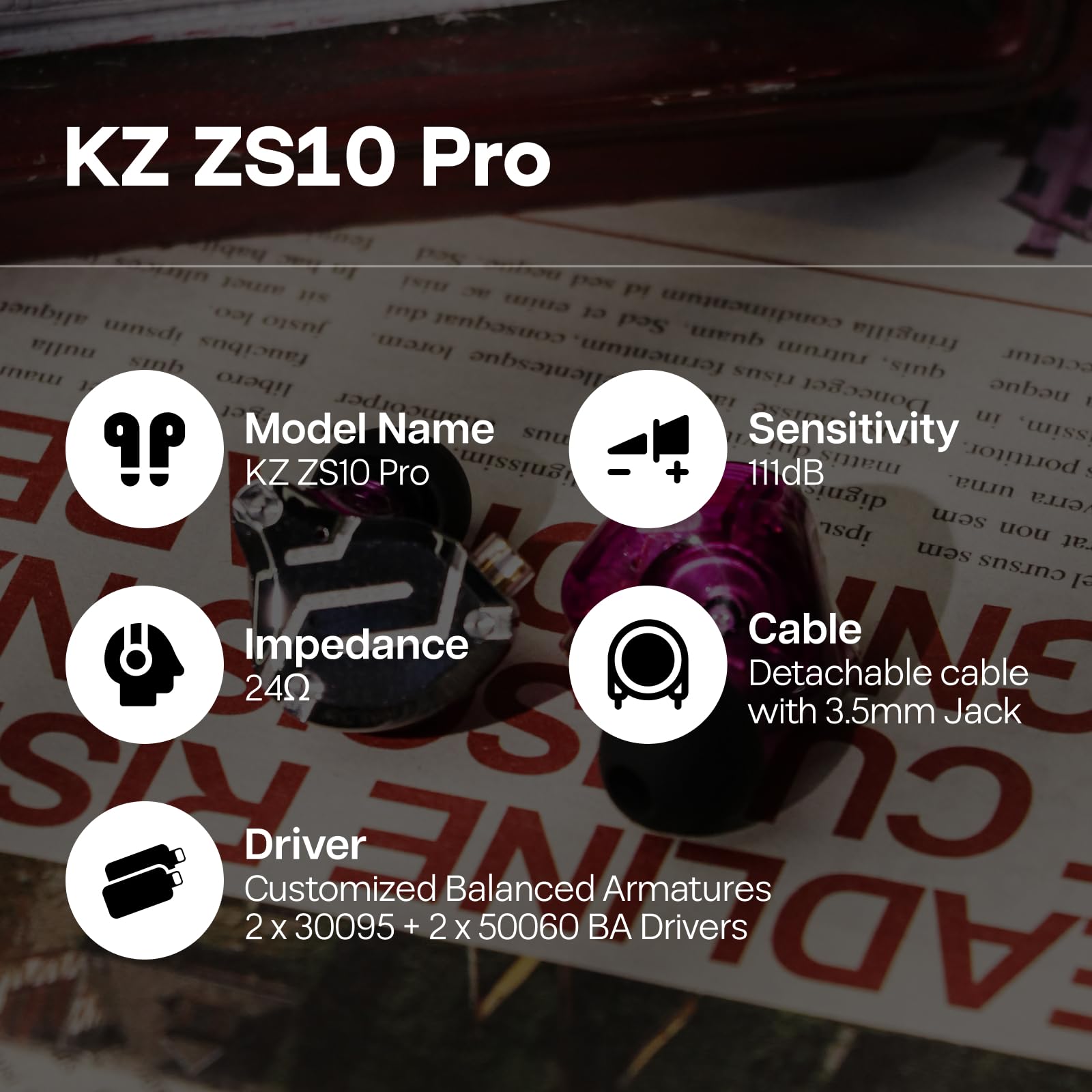 Linsoul KZ ZS10 Pro, 4BA+1DD 5 Driver in Ear Monitor, HiFi Wired Earbuds, Gaming Earbuds, Hybrid IEM Earphones with Stainless Steel Faceplate, Detachable Cable for Musician(Without Mic, Dark Black)