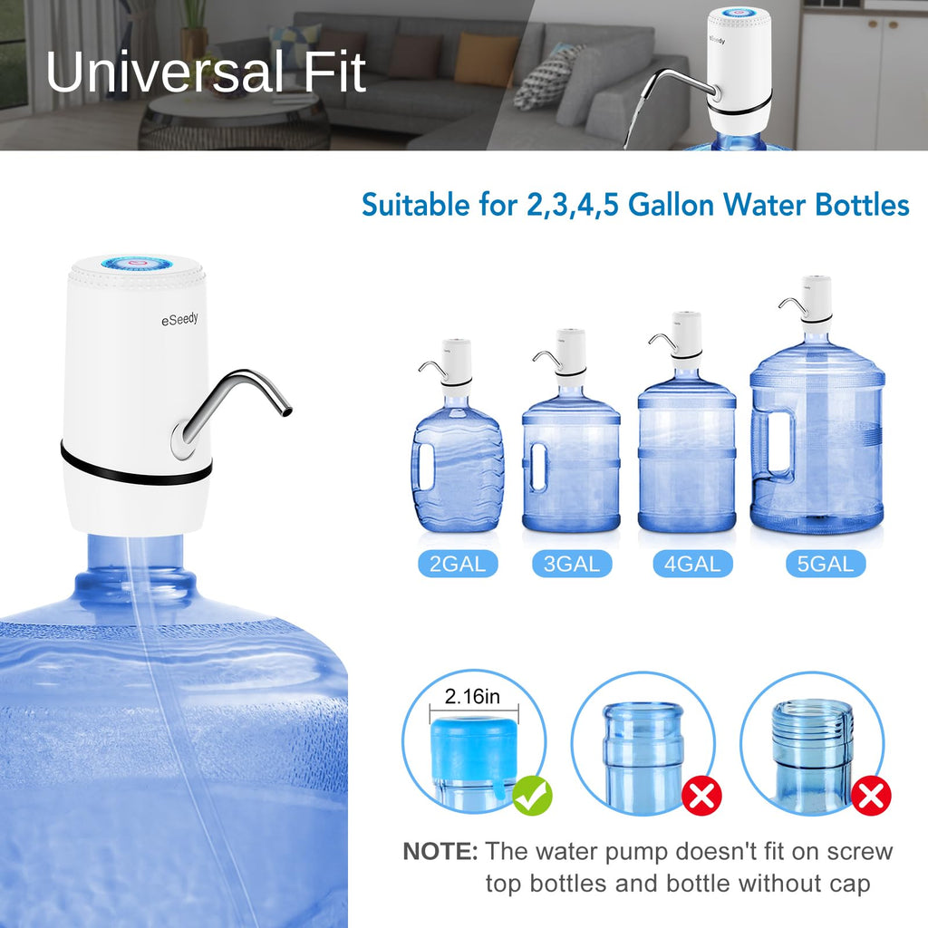 Water Pump for 5 Gallon Bottle, USB Charging Automatic Water Dispenser with Rechargeable Battery, Portable Electric Drinking Water Jug Pump for Home, Kitchen, Living Room, Office, Camping - Black