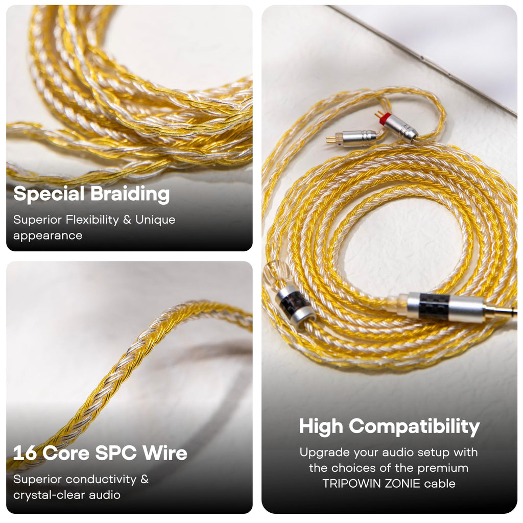 Linsoul Tripowin Zonie IEM Cable, 16 Core Silver Plated Earphone Upgraded Cords, 1.25m SPC in Ear Monitor Cable for 7hz Zero:2 Orchestra Lite Cadenza Hype4 Supermix4(2pin 0.78mm, 4.4mm)(Grey)