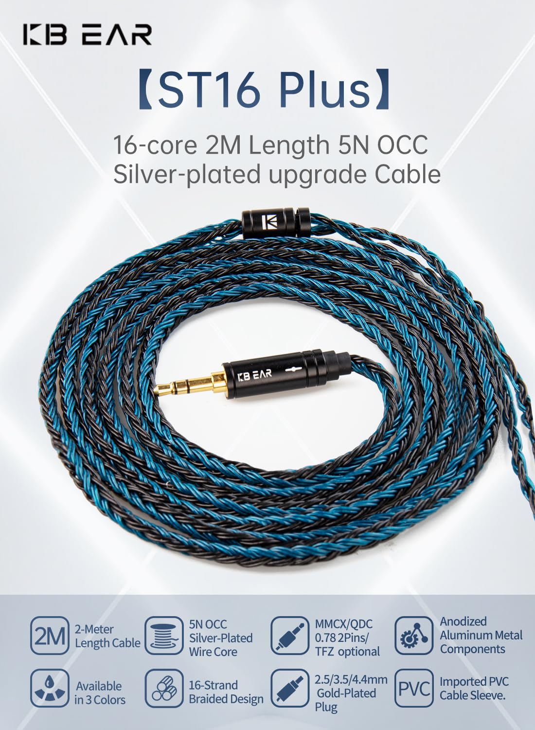 KBEAR ST16 Plus Long IEMs Earphone Cable with QDC-Type Pin for KZ ZSN/ZSN PRO /EDX PRO/ZS10 PRO/ZSN PRO X/ZS12 PRO X/ZSX/ZAS/ZVX/AS16/ZAR/DQS/ASX/D-Fi/Castor/PR2/PR3/ZEX CCA CRA/C12/C10PRO (QDC 3.5MM)
