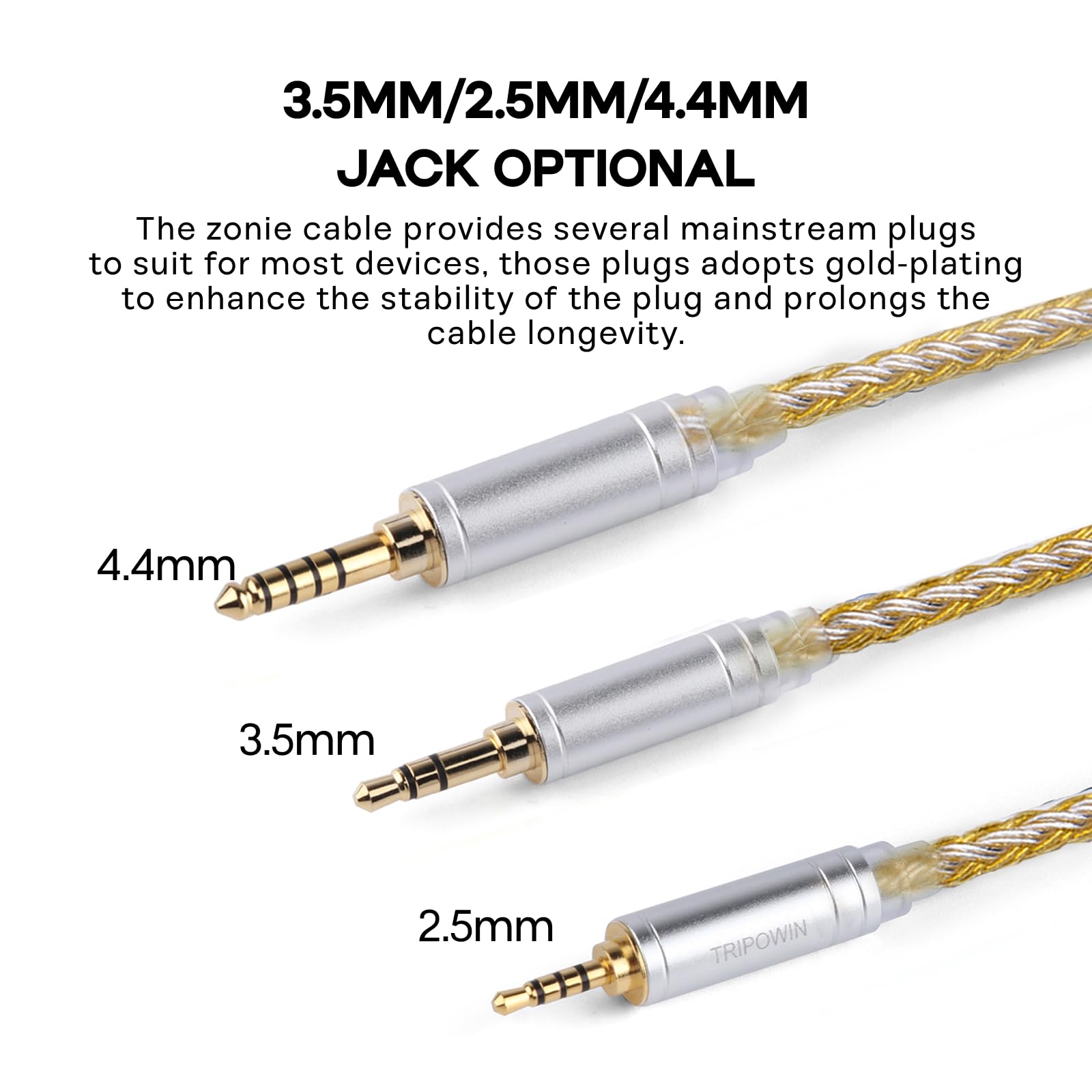 Linsoul Tripowin Zonie IEM Cable, 16 Core Silver Plated Earphone Upgraded Cords, 1.25m SPC in Ear Monitor Cable for 7hz Zero:2 Orchestra Lite Cadenza Hype4 Supermix4(2pin 0.78mm, 4.4mm)(Grey)