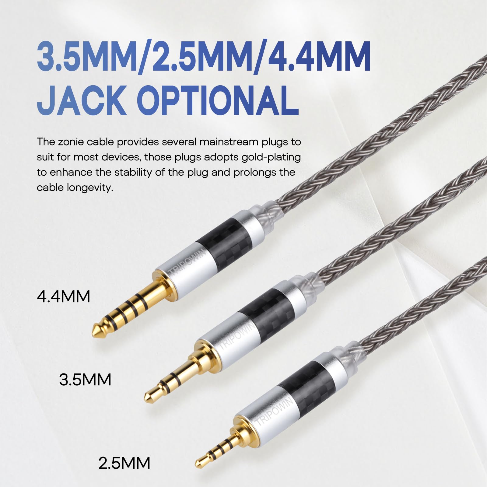 Linsoul Tripowin Zonie IEM Cable, 16 Core Silver Plated Earphone Upgraded Cords, 1.25m SPC in Ear Monitor Cable for 7hz Zero:2 Orchestra Lite Cadenza Hype4 Supermix4(2pin 0.78mm, 4.4mm)(Grey)