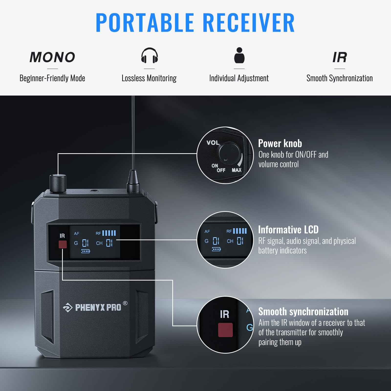 Phenyx Pro UHF Mono Dual Wireless in-Ear Monitor System, Metal Wireless IEM System, Sturdy Bodypack Receiver, 2x50 Frequencies, Separate Outputs,164ft Operation, Suitable for Band and Studio (PTM-22)
