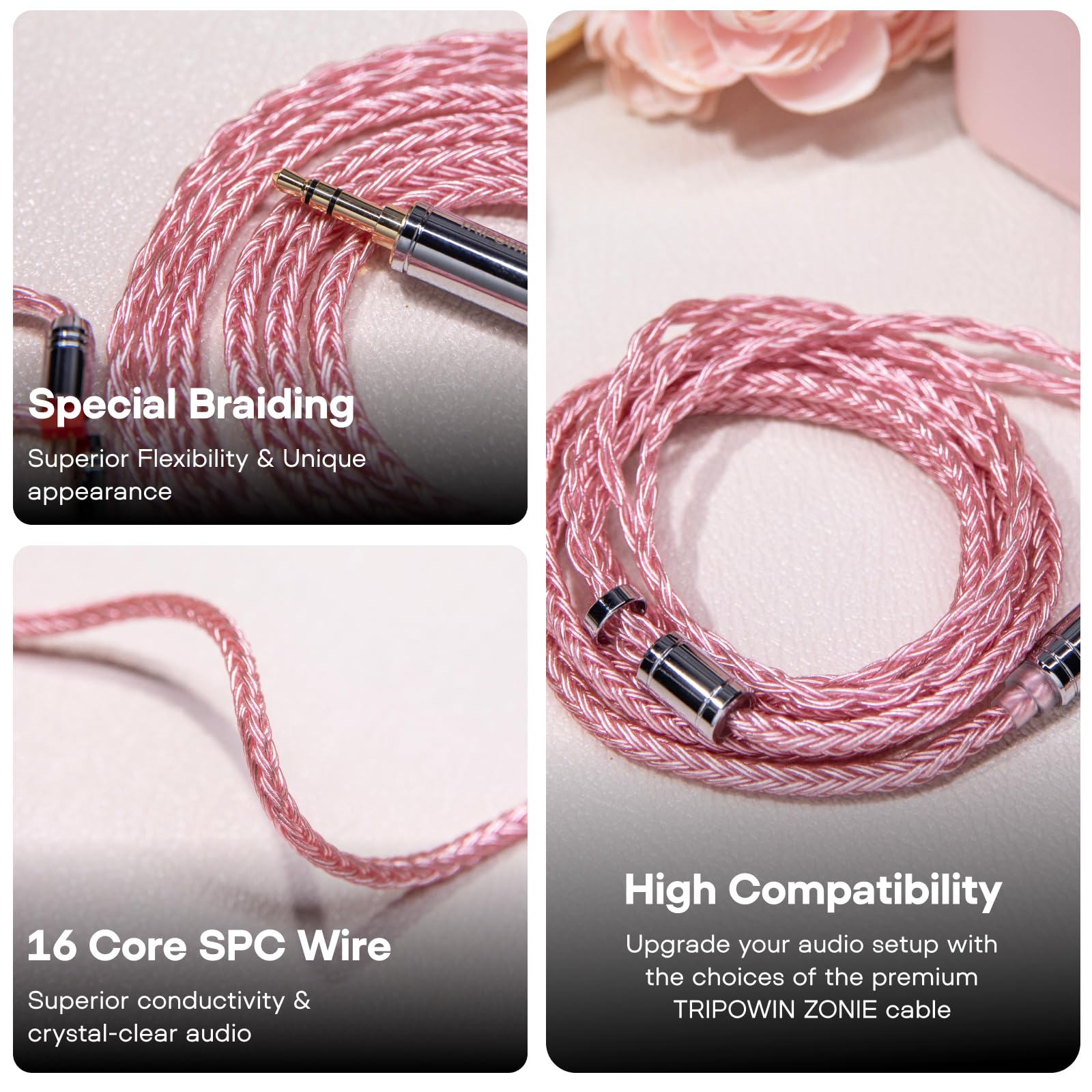 Linsoul Tripowin Zonie IEM Cable, 16 Core Silver Plated Earphone Upgraded Cords, 1.25m SPC in Ear Monitor Cable for 7hz Zero:2 Orchestra Lite Cadenza Hype4 Supermix4(2pin 0.78mm, 3.5mm)(Violet)