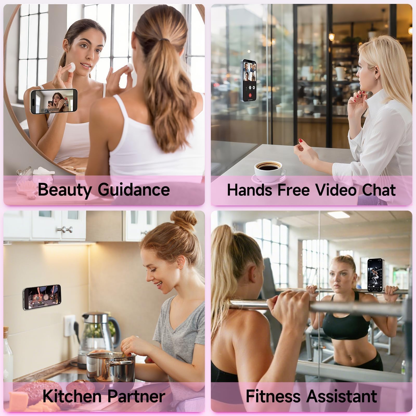 Yojaro 4Pack Silicone Suction Phone Case Mount, Silicon Adhesive Smartphones Stand Sticky, Hands-Free Phone Accessories Holder for Selfies and Videos (Black & White & Translucent & Light Pink)