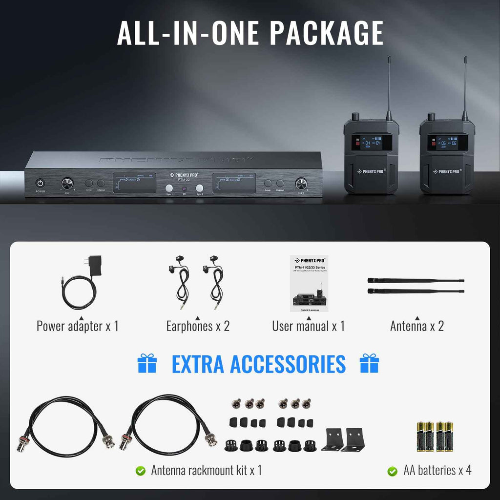Phenyx Pro UHF Mono Dual Wireless in-Ear Monitor System, Metal Wireless IEM System, Sturdy Bodypack Receiver, 2x50 Frequencies, Separate Outputs,164ft Operation, Suitable for Band and Studio (PTM-22)