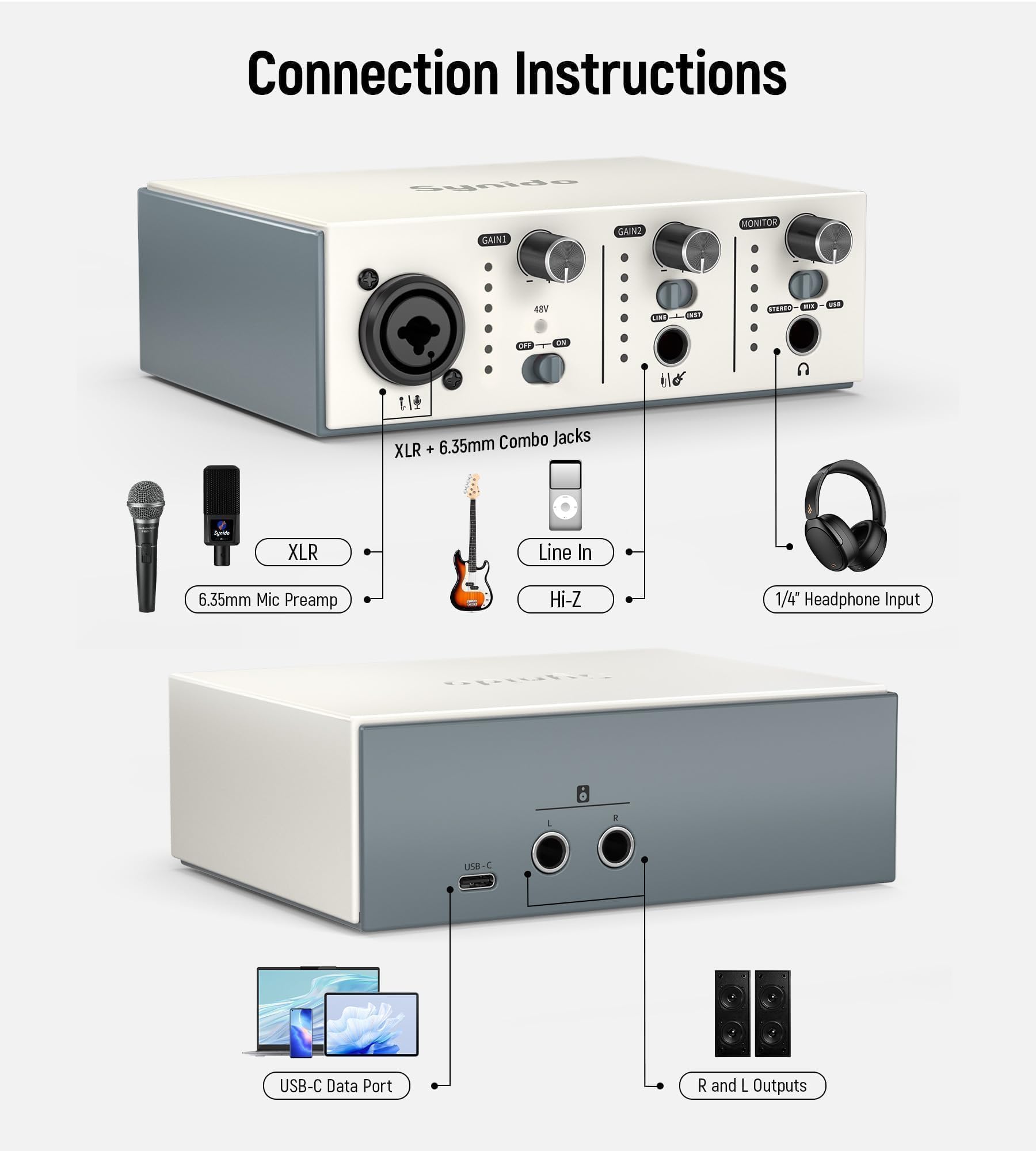 Synido USB C Audio Interface for Recording Music, Streaming, Podcasting with XLR, Line Input, 24bit/48kHz, 48V Phantom Power, 2-channel, Silver