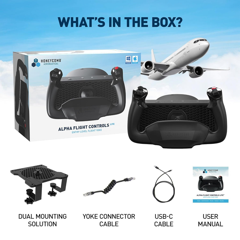 Honeycomb Alpha LITE - compact yoke for flight simulation, 180 rotation, programmable buttons, sturdy steel shaft, clear design perfect for sim beginners, plug & fly with MSFS 2024 [video game] [video game] [video game]
