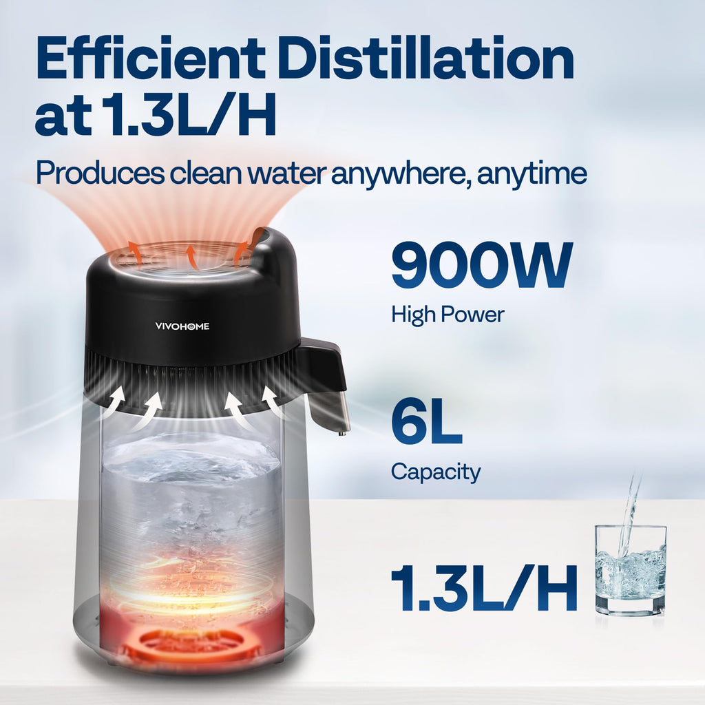 VIVOHOME Water Distiller Countertop 1.6 Gallon/6L 900W Distilled Water Machine with Smart Switch Purifier Filter for Home Office, White