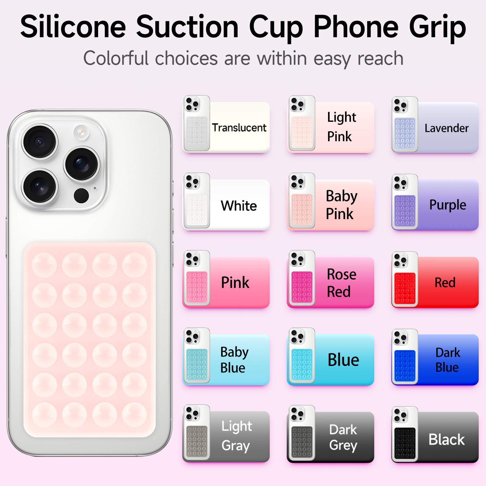 Yojaro 4Pack Silicone Suction Phone Case Mount, Silicon Adhesive Smartphones Stand Sticky, Hands-Free Phone Accessories Holder for Selfies and Videos (Black & White & Translucent & Light Pink)