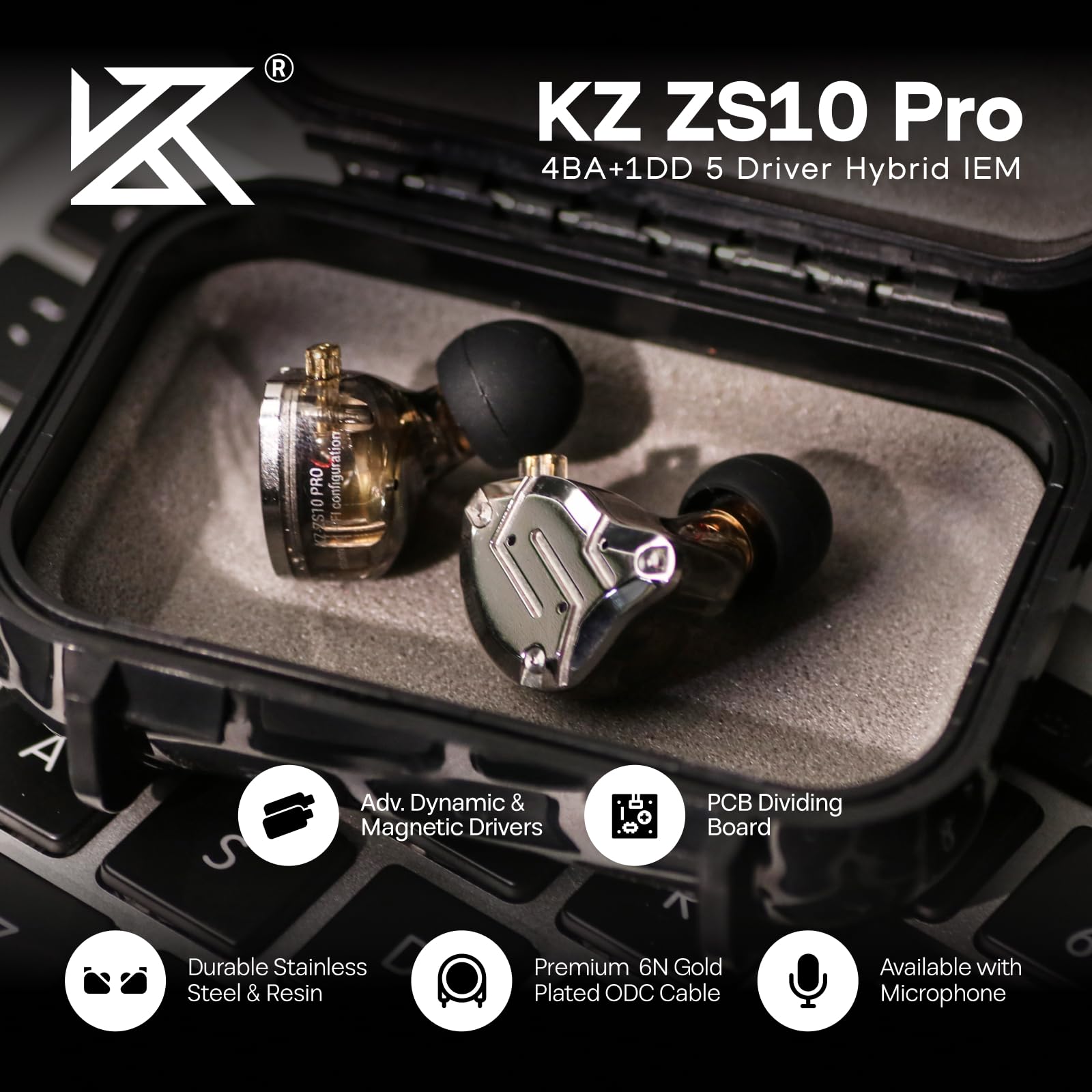 Linsoul KZ ZS10 Pro, 4BA+1DD 5 Driver in Ear Monitor, HiFi Wired Earbuds, Gaming Earbuds, Hybrid IEM Earphones with Stainless Steel Faceplate, Detachable Cable for Musician(Without Mic, Dark Black)