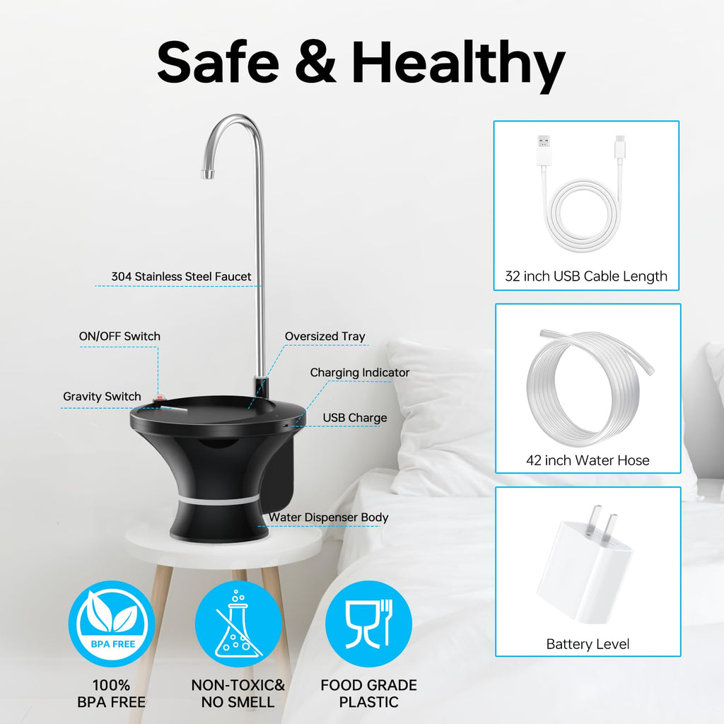 Water Dispenser for 5 Gallon Bottle, Electric Drinking Water Bottle Pump for 2-5 Gallon Jugs, USB Rechargeable Water Pump with 2 Switch Control for Home, Office, Camping