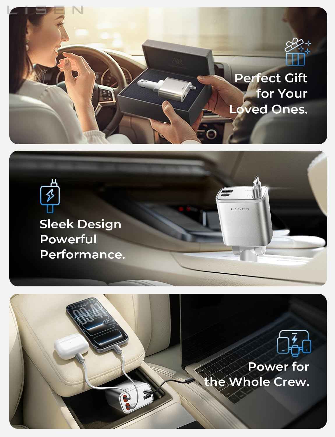 LISEN Retractable Car Charger, Gifts for Mothers Day 2026, 84W Car Charger USB C Fast Charge, Gifts for Mom Dad Him Her, Travel Essentials Car Accessories for Men Women Gifts for iPhone 17 16 15 14 13
