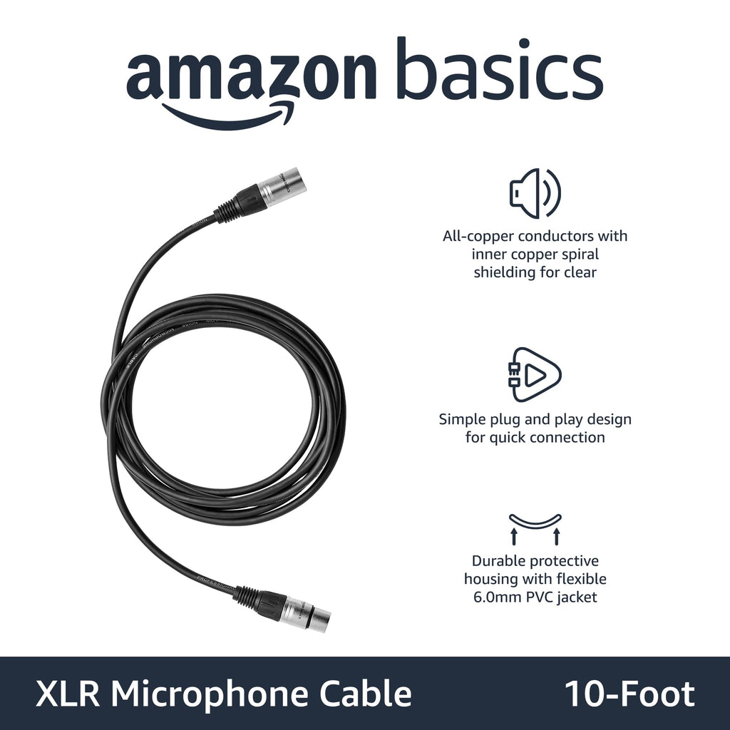Amazon Basics XLR Male to Female Microphone Cable for Speaker or PA System, Recording Studio, All Copper Conductors, Low Noise Shielding, 6MM PVC Jacket, 6 Foot, Black