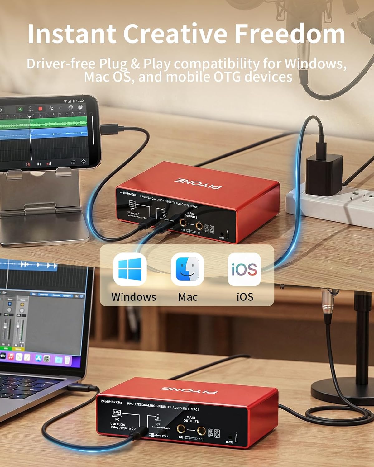 Audio Interface, 2X2 24-bit/192kHz Interface for High-Fidelity, Studio Quality PC/Mac/iOS Recording, XLR/TRS Combo Input, Monitor Mix/Loopback Function, One-Cable Setup(Alloy Red)