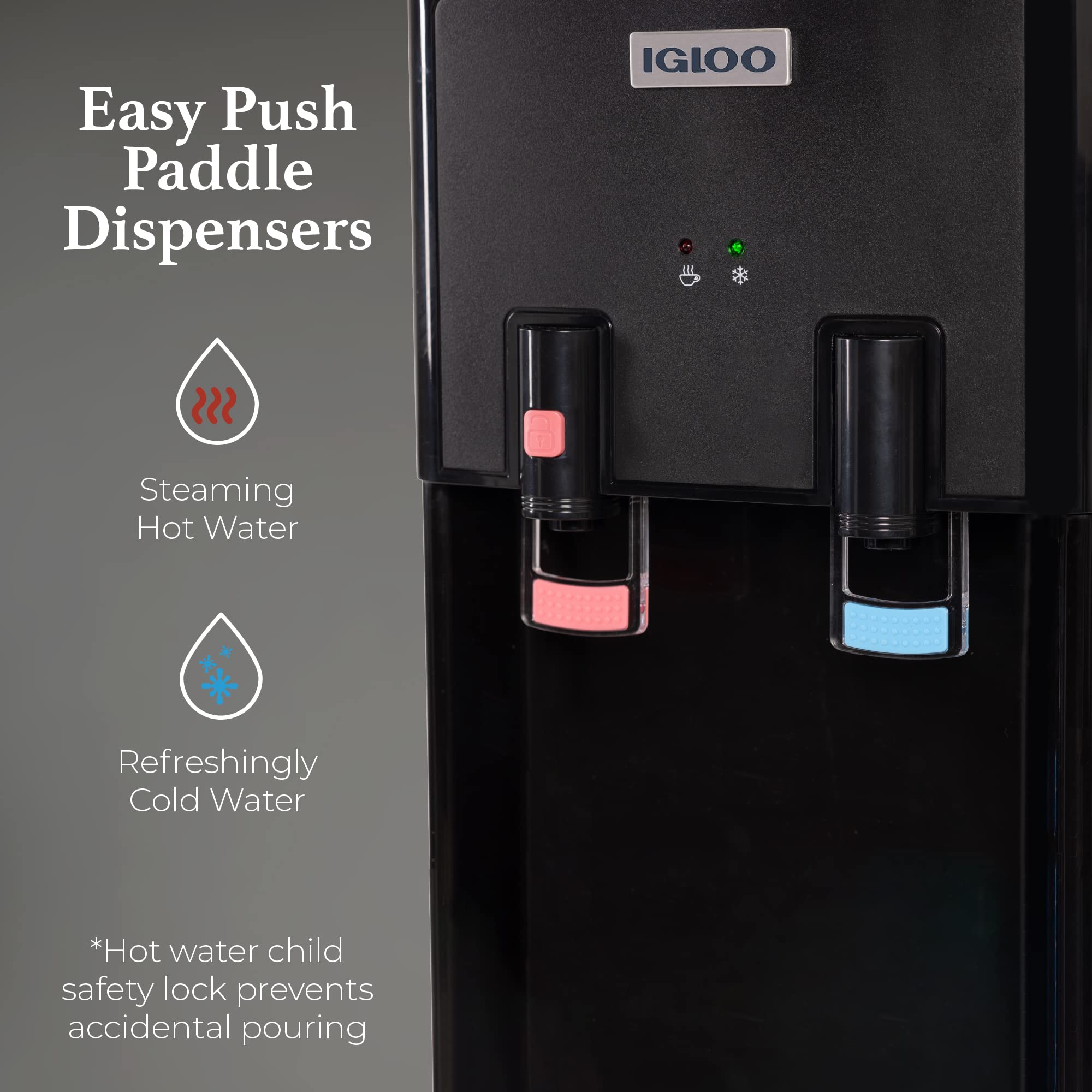Igloo Top Loading Water Cooler with Removable Drip Tray & Energy-Saving Features- Water Tower with Hot & Cold Temperature Settings- Water Dispenser Fits 3 & 5-Gallon Jugs with Child Safety Lock- White