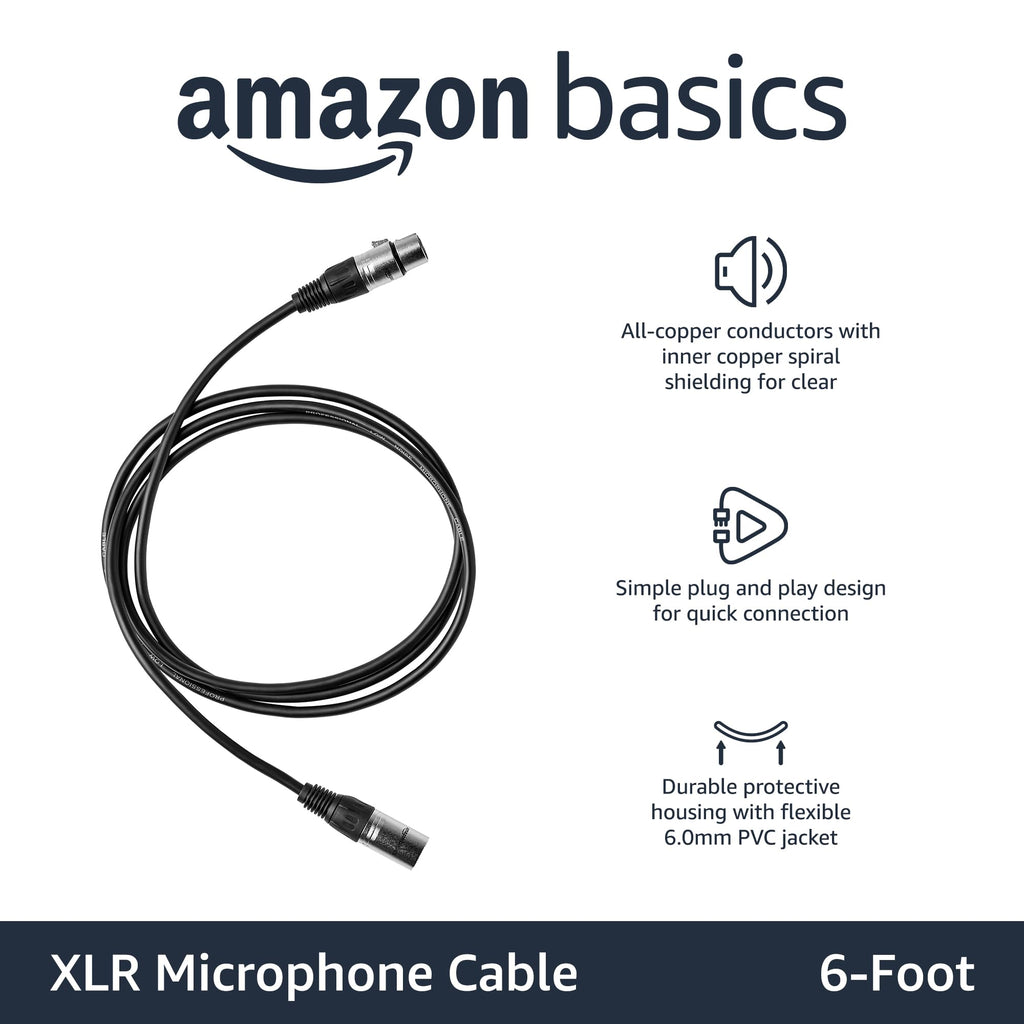 Amazon Basics XLR Male to Female Microphone Cable for Speaker or PA System, Recording Studio, All Copper Conductors, Low Noise Shielding, 6MM PVC Jacket, 6 Foot, Black